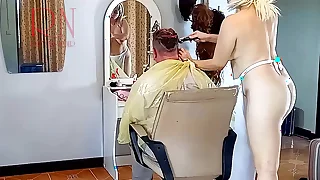 Nudist barbershop&period; Nude lady hairdresser in an apron&period; Mooring camera&period; The client is surprised&period; 1 3