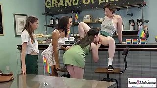 Babes have interracial 4some at a cafe