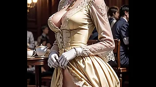 AI generated elegant peaches in Victorian dress flashes in public