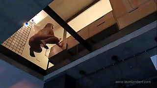 Voyeuring my Busty Wife from the glass bottom to see say no to tits & puffy pussy