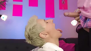 Girl swept off one's feet abstinence femboy balls and sniffs his balls before epic facial